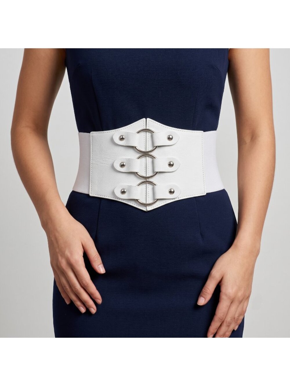 Women's White Elastic Stretch Corset Belt in Faux Leather & Triple O-Ring Buckle